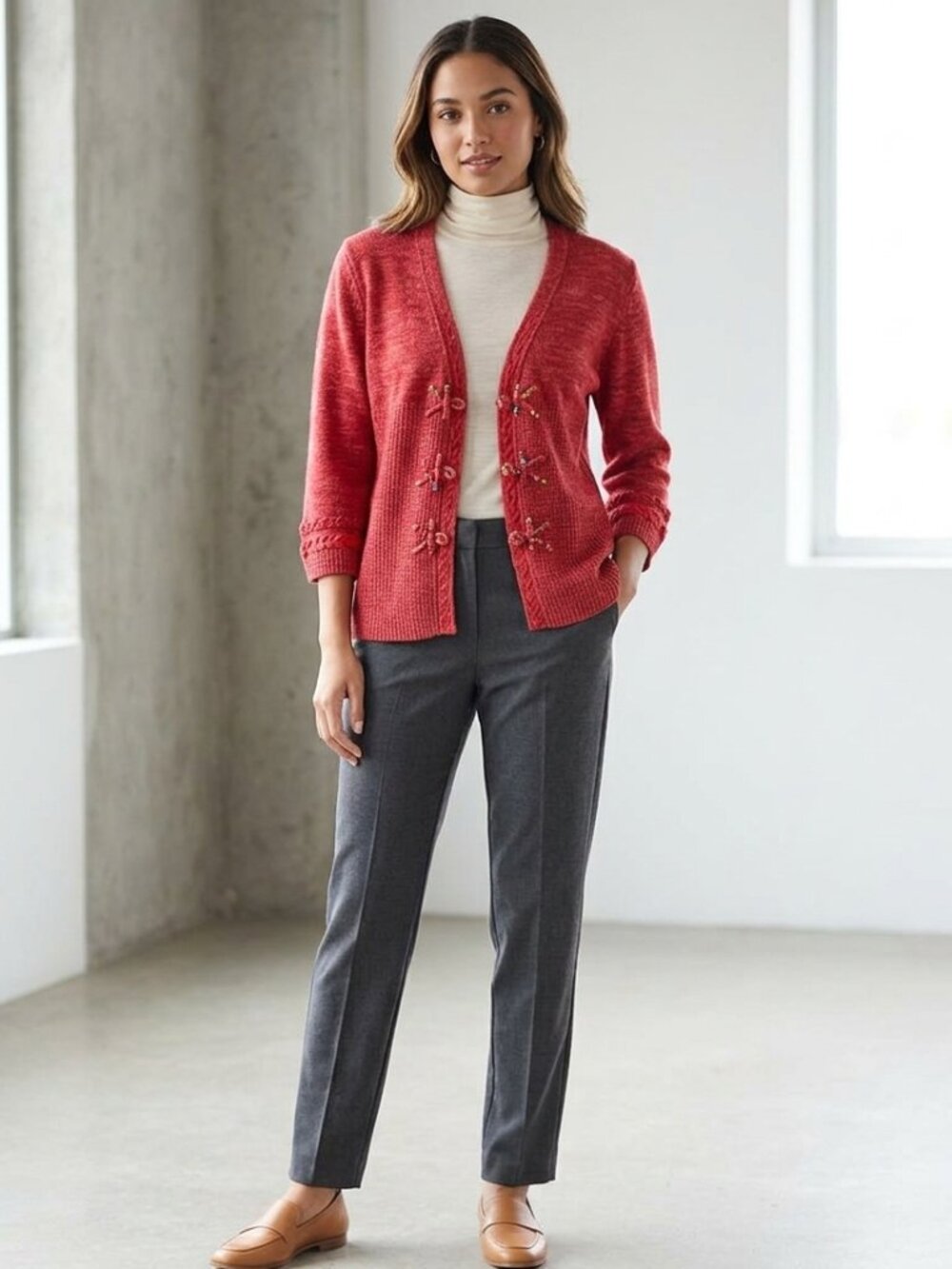 Clare Icelandic Design Linen Cotton Blend Red Knit Cardigan Frog Closure